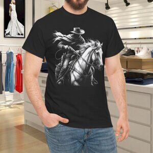 Western Gunslinger Cowboy On Horse White Graphic Black Tee